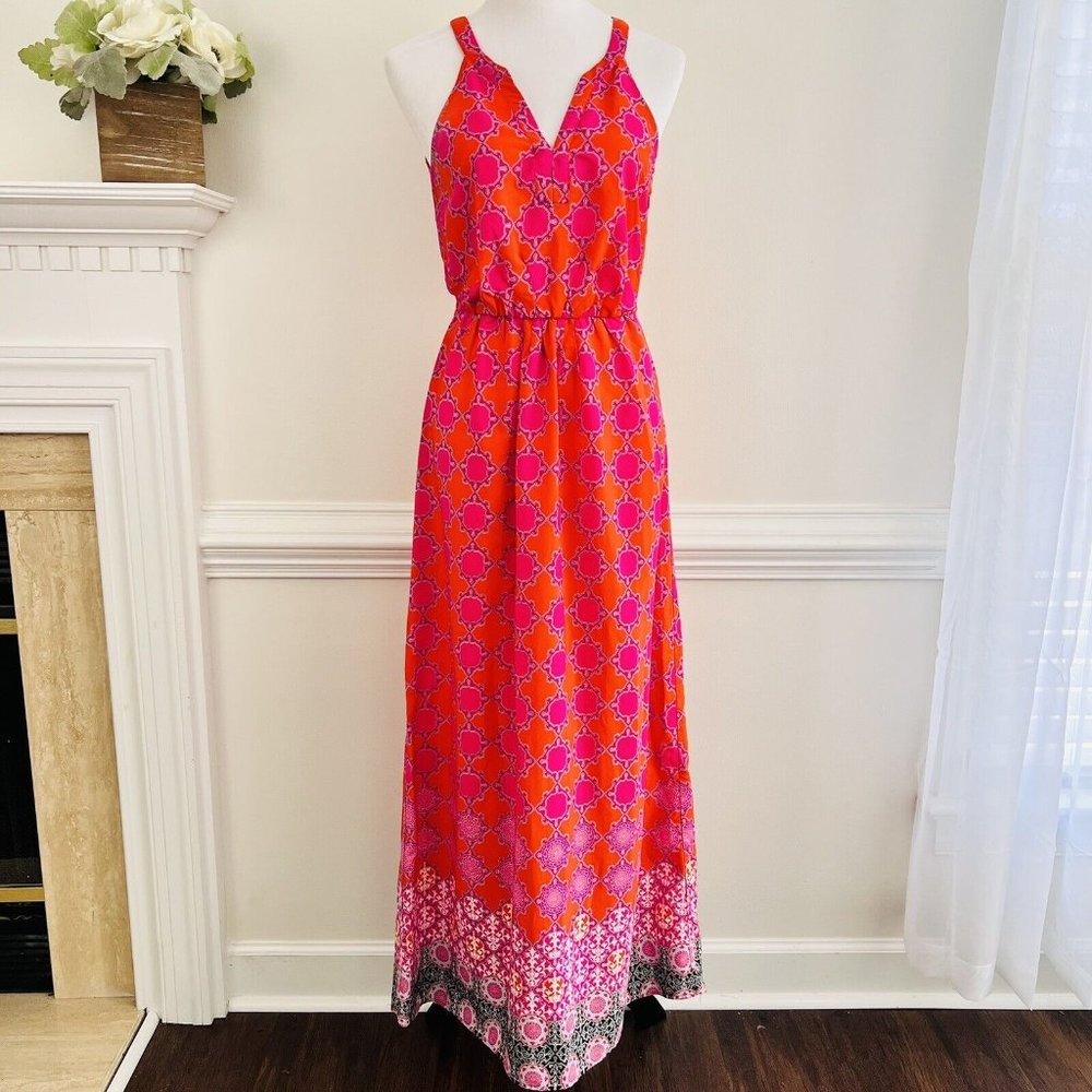 BANANA REPUBLIC Long Hot Pink & Orange Geometric Boho Maxi Dress ~ Size 2